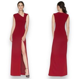 Halston Heritage Cap Sleeve Asymmetrical VNeck Crepe Gown W/ Slit Dahlia Dress